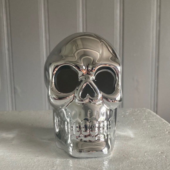 NWT Set of 3 Ceramic- Silver Pearl Finish Halloween Skull 💀 Decorations - Picture 6 of 17